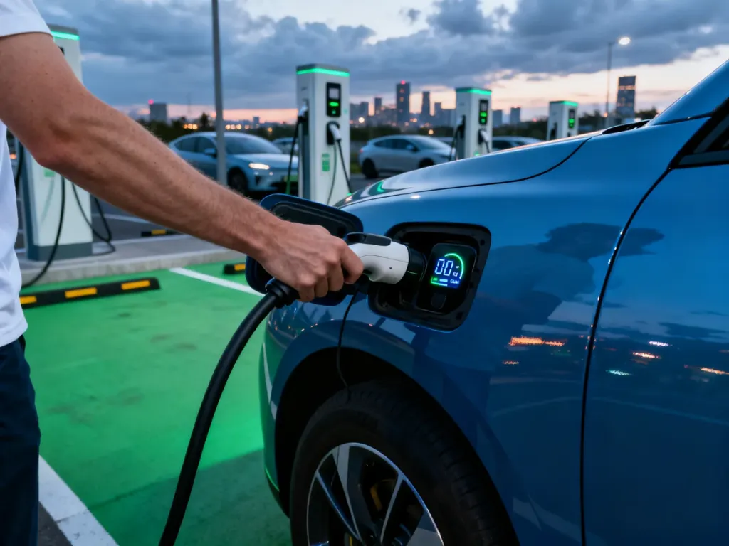 Osoba podłącza auto elektryczne do szybkiej ładowarki, zbliżenie na kabel i ekran z przepływem energii na stacji ładowania.