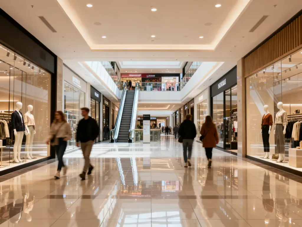 Wnętrze nowoczesnej galerii handlowej w Sosnowcu z butikami, witrynami i spacerującymi klientami, no text on the picture