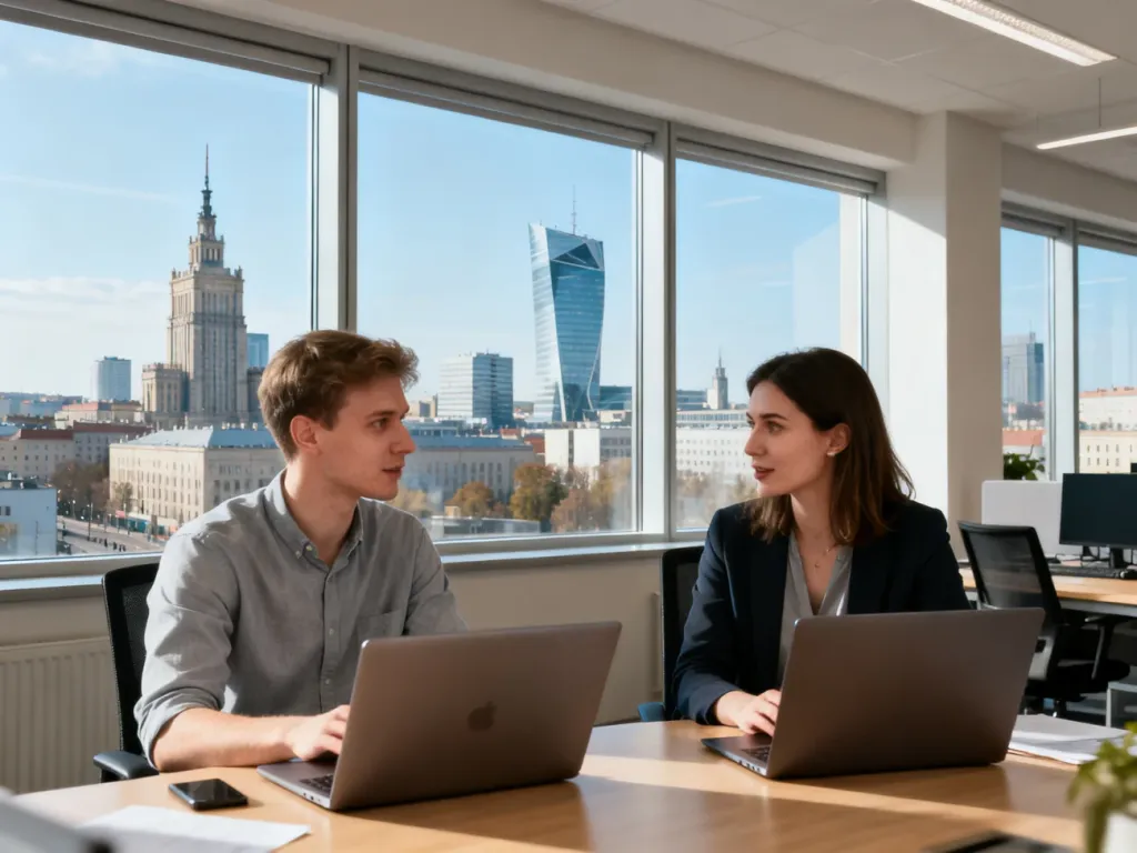Młodzi profesjonaliści w katowickim biurze przeglądają oferty pracy na laptopach, w tle panorama miasta, no text on the picture
