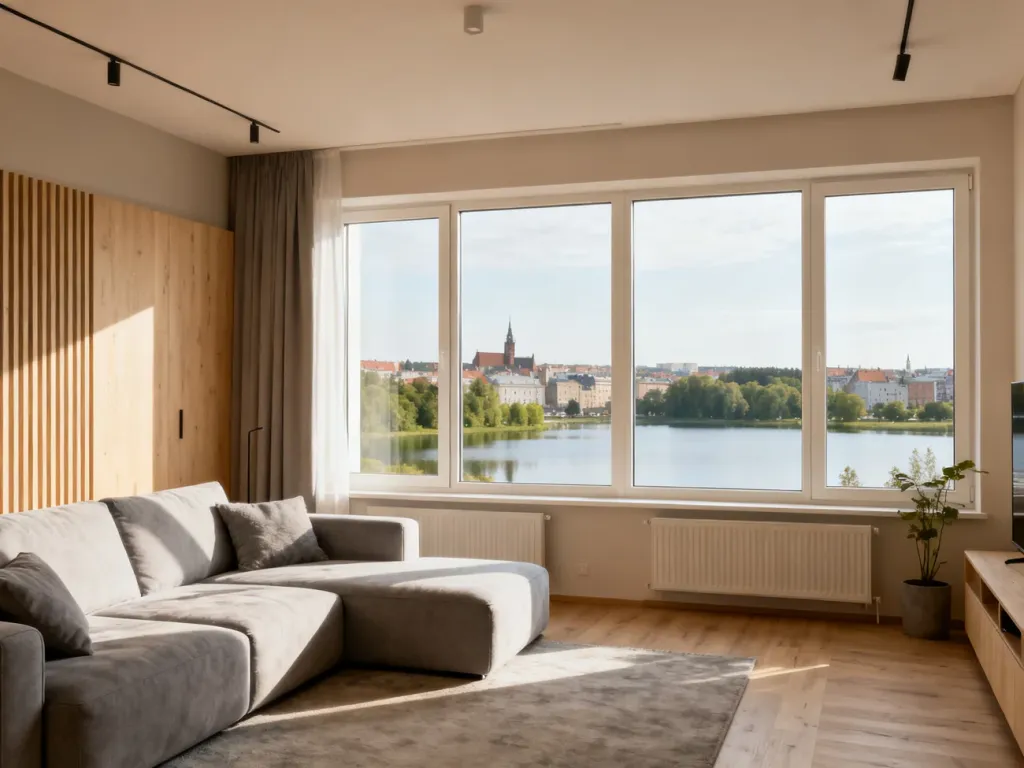 Nowoczesny, przytulny salon z widokiem na spokojny krajobraz Olsztyna, jeziora i zieleń w tle, no text on the picture