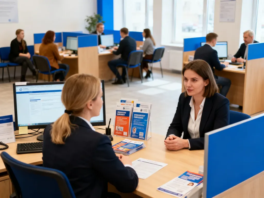 Recepcja urzędu pracy w Gdańsku, petentka rozmawia z pracownicą, w tle klienci czekają i konsultują się przy biurkach; no text on the picture