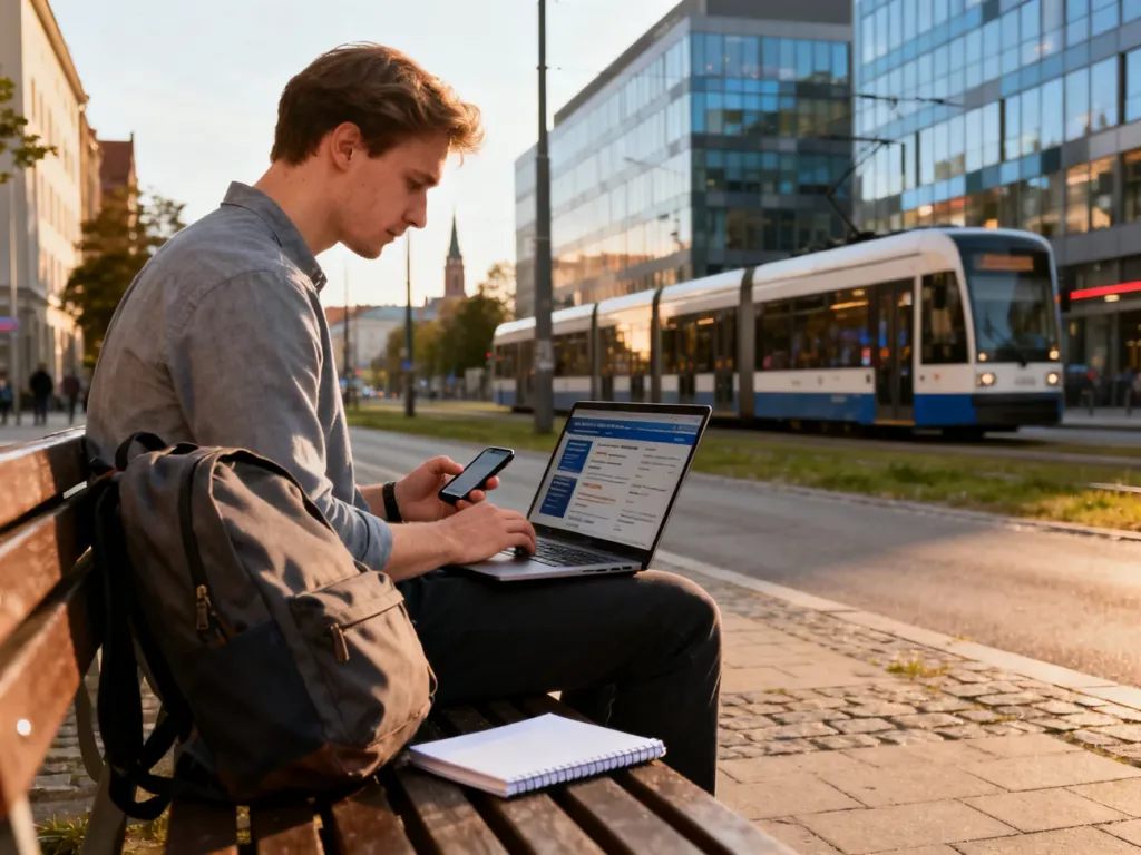 Młody mężczyzna we Wrocławiu przegląda oferty pracy na laptopie na ławce przy biurowcach i tramwaju, no text on the picture
